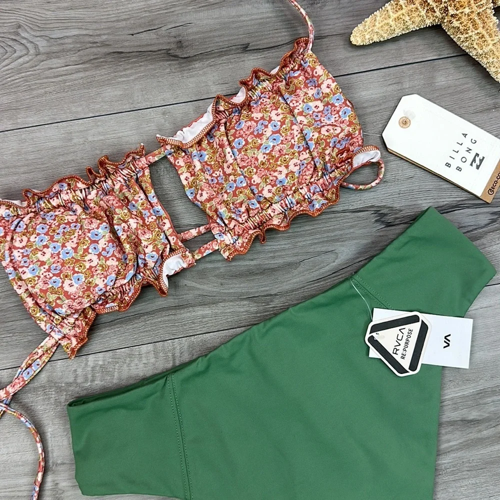 ☀️BILLABONG☀️ Chase The Sun Ruched Bandeau Bikini Top Solid High Rise Cheeky